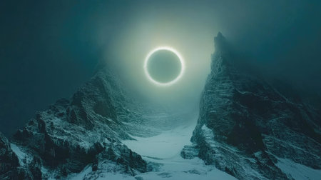 Stunning mountain landscape featuring a rare solar eclipse surrounded by a mystical fog, creating a captivating and serene atmosphere perfect for nature lovers.の素材
