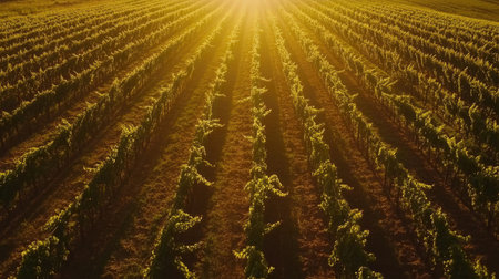 Aerial view of lush vineyard rows under a golden sunset, capturing the serene beauty and harmony of nature, ideal for agriculture and travel themes.の素材