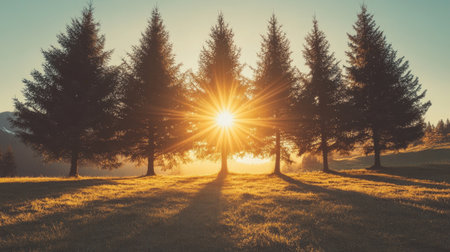 A breathtaking sunrise filters through tall trees, creating radiant rays that illuminate a lush landscape. This serene setting captures the beauty of nature.の素材