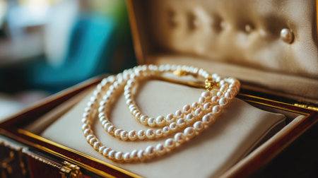A close-up view of a stunning pearl necklace elegantly displayed in a vintage jewelry box, highlighting the luxurious design and classic beauty of fine jewelry.の素材