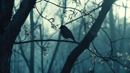 A silhouette of a bird perched on a branch in a misty forest creates a serene atmosphere. Soft light filters through the trees, enhancing the calm scenery.の素材