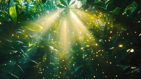 A serene forest scene where sunlight filters through lush green leaves, creating a magical atmosphere with glowing particles dancing in the air.の素材