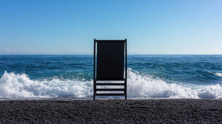 A serene black beach chair stands alone against the backdrop of calm ocean waves. This picturesque scene captures the essence of relaxation and escape in a coastal paradise.の素材