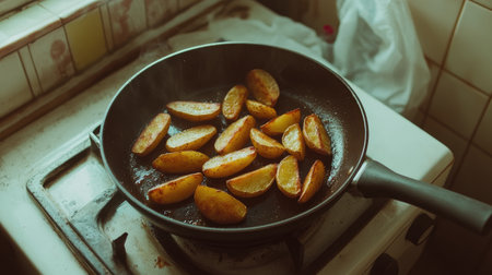 Golden potato wedges sizzle in a frying pan on a stovetop, creating a delicious aroma. The rustic setting captures the essence of homemade cooking and comfort food.の素材