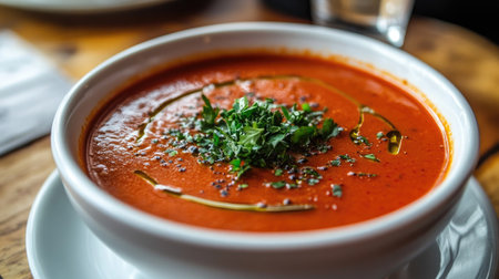 A vibrant bowl of delicious tomato soup garnished with fresh herbs and a swirl of olive oil, perfect for warm meals or comforting dinners. Ideal for food photography.の素材