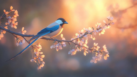 A beautiful bird rests on a cherry blossom branch during sunset, showcasing vibrant feathers and serene colors, evoking feelings of peace and nature's elegance.の素材