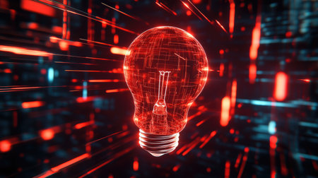 A stunning futuristic light bulb radiates a vibrant glow against a digital background, representing innovation and creativity in modern technology.の素材