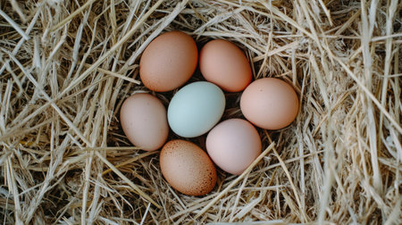 A captivating arrangement of colorful eggs nestled in straw, showcasing the essence of rural farming and fresh produce. Perfect for spring themes.の素材