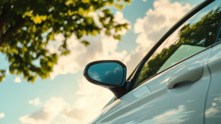 A close-up view of a car side mirror reflecting a beautiful sky filled with clouds and a nearby tree during sunset. Perfect for automotive and nature themes.の素材