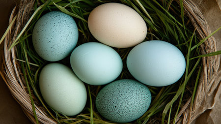 This image showcases a beautiful arrangement of colorful decorative eggs resting in a natural grass nest, embodying the essence of spring and creativity.の素材