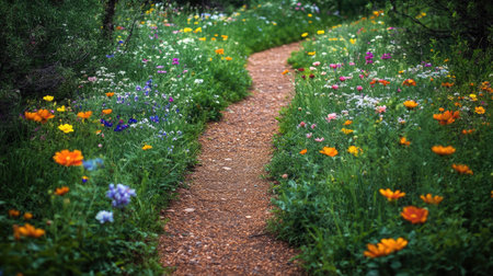 A serene pathway winding through a vibrant wildflower garden, showcasing an array of colorful blooms amidst lush greenery, perfect for nature lovers.の素材