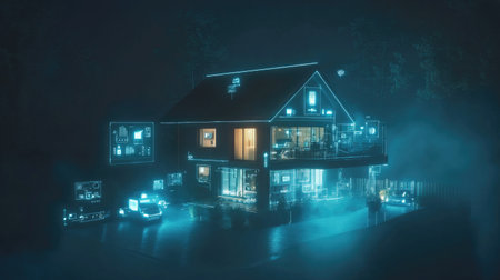 A captivating futuristic house illuminated by neon lights in a foggy setting, showcasing a blend of modern architecture and atmospheric mystery, perfect for technology and design themes.の素材
