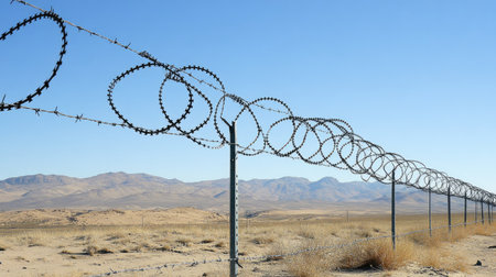 A barbed wire fence stretches across a vast, arid landscape under a clear blue sky. The scene conveys themes of isolation and protection against the rugged terrain.の素材