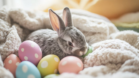 A cute grey rabbit rests comfortably among colorful Easter eggs on a cozy blanket, capturing the essence of spring festivities and warmth.の素材