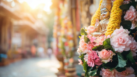 A serene Buddha statue adorned with vibrant floral decorations, exuding tranquility and peace. This image captures spiritual essence in a beautiful temple setting.の素材