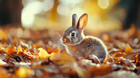 A charming baby rabbit sits among colorful autumn leaves, captured in soft light. This delightful image highlights the innocence and beauty of wildlife in nature.の素材