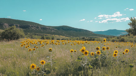 A stunning sunflower field stretches towards the horizon, showcasing vibrant yellow blooms under a clear blue sky. The serene landscape captures the beauty of nature, perfect for summer scenes.の素材