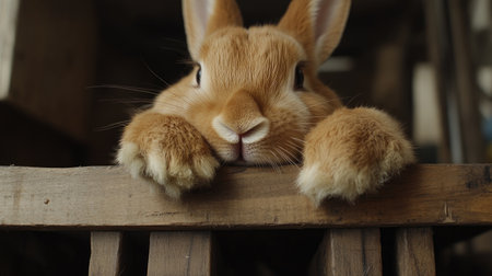 A close-up view of a cute rabbit resting its paws on a wooden surface. The warm fur and gentle expression create a sense of peace and innocence, highlighting the beauty of this adorable pet.の素材