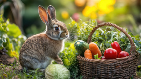 A charming scene featuring a playful bunny sitting beside a basket filled with fresh vegetables. This tranquil garden setting highlights the beauty of nature and healthy living.の素材