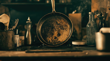 A rustic kitchen scene featuring a worn cast iron pan amidst vintage utensils. Smoke rises, creating a warm and inviting atmosphere perfect for culinary inspiration.の素材