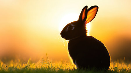 A striking silhouette of a rabbit set against a stunning sunrise. The warm light creates a tranquil atmosphere, perfect for nature enthusiasts and wildlife imagery.の素材