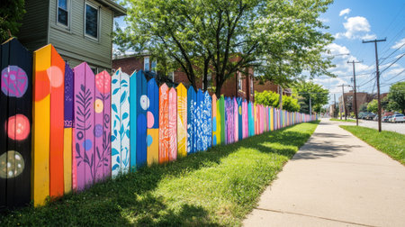 A vibrant painted fence stretches along a sunny sidewalk in an urban neighborhood, showcasing artistic designs that enhance the outdoor environment and community spirit.の素材