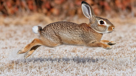 A stunning rabbit leaps gracefully across a snowy field, showcasing its agility and energetic nature in a beautiful winter landscape.の素材