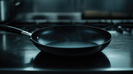 A sleek black nonstick frying pan sits on a stainless steel kitchen countertop. Steam rises from the surface, hinting at the cooking process. Ideal for culinary uses.の素材