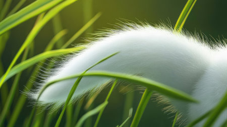 A close-up view of a fluffy, white animal tail gently emerging from vibrant green grass. This serene image captures the beauty of nature and wildlife.の素材