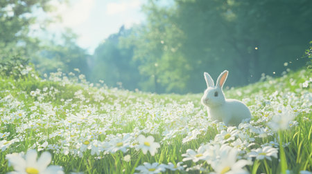 A charming white rabbit sits gracefully in a lush meadow adorned with blooming daisies under soft sunlight, epitomizing the beauty of nature in a serene setting.の素材