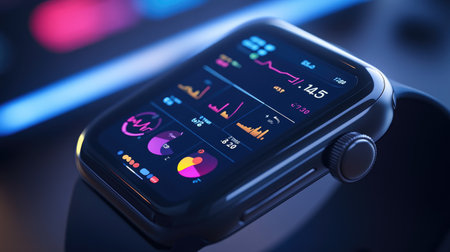 An advanced smartwatch showcases an array of health data metrics, including heart rate and activity levels, exemplifying modern technology in personal health monitoring.の素材