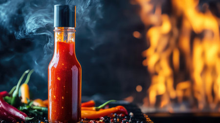 A stunning image showcasing a bottle of fiery hot sauce with smoke curling above it, surrounded by vibrant peppers against a blurred flame background.の素材