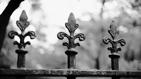 An elegant close-up of an ornate iron fence featuring a fleur-de-lis design. The soft focus background adds a nostalgic atmosphere, highlighting the artistry of metalwork.の素材
