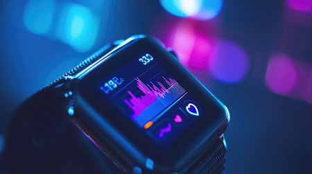 Close-up of a smartwatch with a colorful display showing heart rate and activity metrics. The device is set against a vibrant, neon-lit background, emphasizing modern technology.の素材