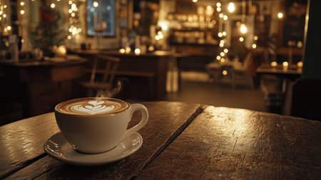 A steaming coffee cup with intricate latte art resting on a wooden table in a cozy cafe. Soft warm lights and bokeh create a charming ambiance. Perfect for showcasing comfort and relaxation.の素材
