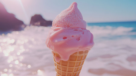 A vibrant pink ice cream cone stands out against a stunning beach backdrop. The ocean waves gently lap at the shore, evoking summer bliss and refreshing joy.の素材
