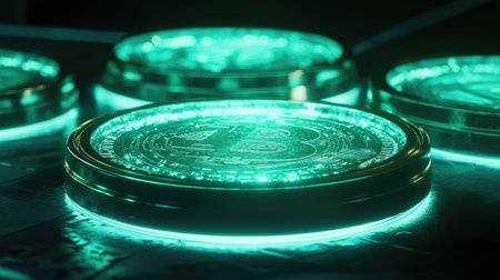 Close-up image of glowing cryptocurrency coins featuring a neon light effect on a dark surface, reflecting modern finance and digital investment themes.の素材