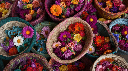 A stunning array of vibrant flowers arranged beautifully in handwoven baskets. This captivating image showcases fresh blooms in a colorful display, perfect for spring themes.の素材