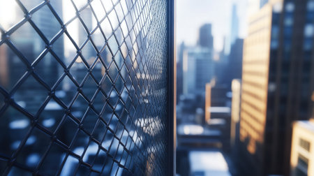 A close-up view of a chain link fence creating a unique perspective of a vibrant urban cityscape, showcasing buildings and architecture through the wire mesh.の素材