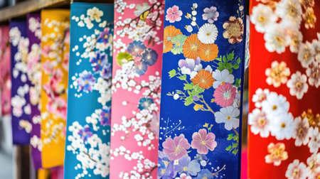 A stunning collection of vibrant traditional Japanese fabrics showcasing intricate floral patterns, perfect for representing heritage and cultural artistry.の素材