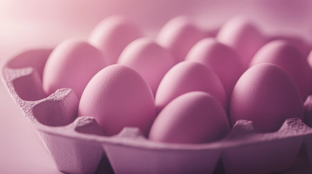 A captivating image of pink eggs arranged in a carton, creating a playful and artistic atmosphere. Ideal for food, spring, or festive themes.の素材