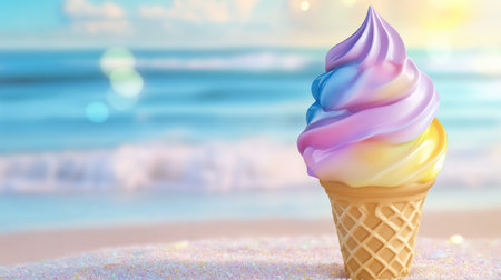 Bright and colorful ice cream cone sits on sandy beach, capturing the essence of summer. Ideal for themes of joy, indulgence, and outdoor fun.の素材
