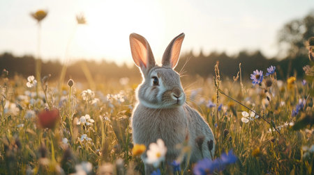 A cute rabbit sits among colorful flowers in a sunny meadow. The soft sunlight highlights its features, creating a serene and peaceful scene in nature.の素材