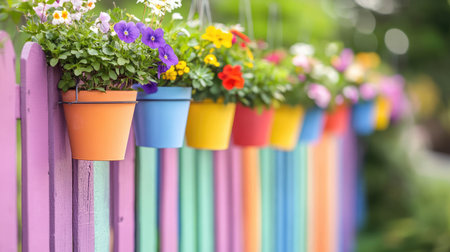 A scenic view of vibrant flower pots hanging from a pastel-colored wooden fence showcases a cheerful garden theme, perfect for spring and summer decor.の素材