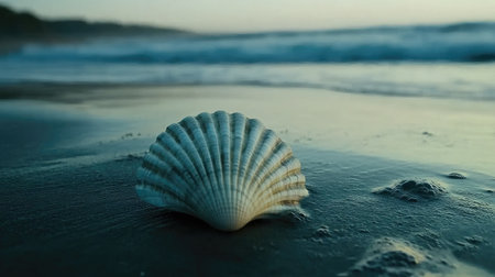 A beautiful shell rests on the beach, kissed by gentle waves at sunrise. Captured in a serene landscape, the image conveys tranquility and the beauty of nature.の素材