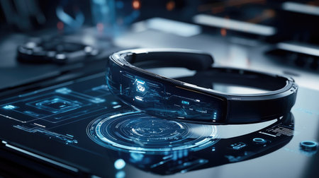 A close-up view of futuristic smart glasses displayed on a digital interface, showcasing innovative technology and a sleek design. The image highlights advanced features and a high-tech aesthetic.の素材