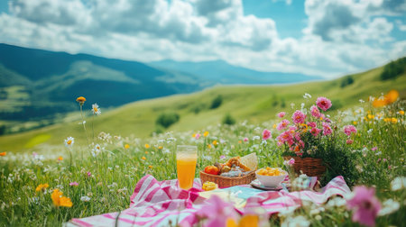 Enjoy a serene picnic scene set in a blooming meadow, featuring vibrant flowers and a picturesque sky. Perfect for relaxation and outdoor gatherings.の素材