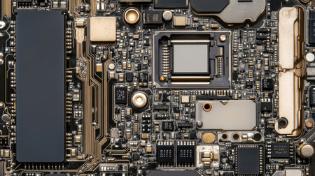 Detailed close-up view of a circuit board showcasing intricate electronic components. Ideal for technology, engineering, and innovation themes.の素材