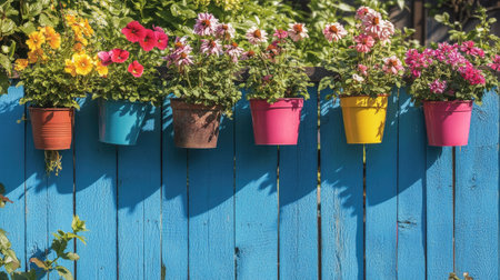 Bright and colorful flower pots hang on a blue wooden fence, creating a vibrant outdoor garden display. Ideal for showcasing nature's beauty and charm.の素材