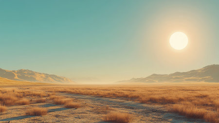 A tranquil desert landscape featuring a bright sun overhead, soft grass, and distant mountains. This serene scene captures the beauty of nature in an expansive, remote setting.の素材